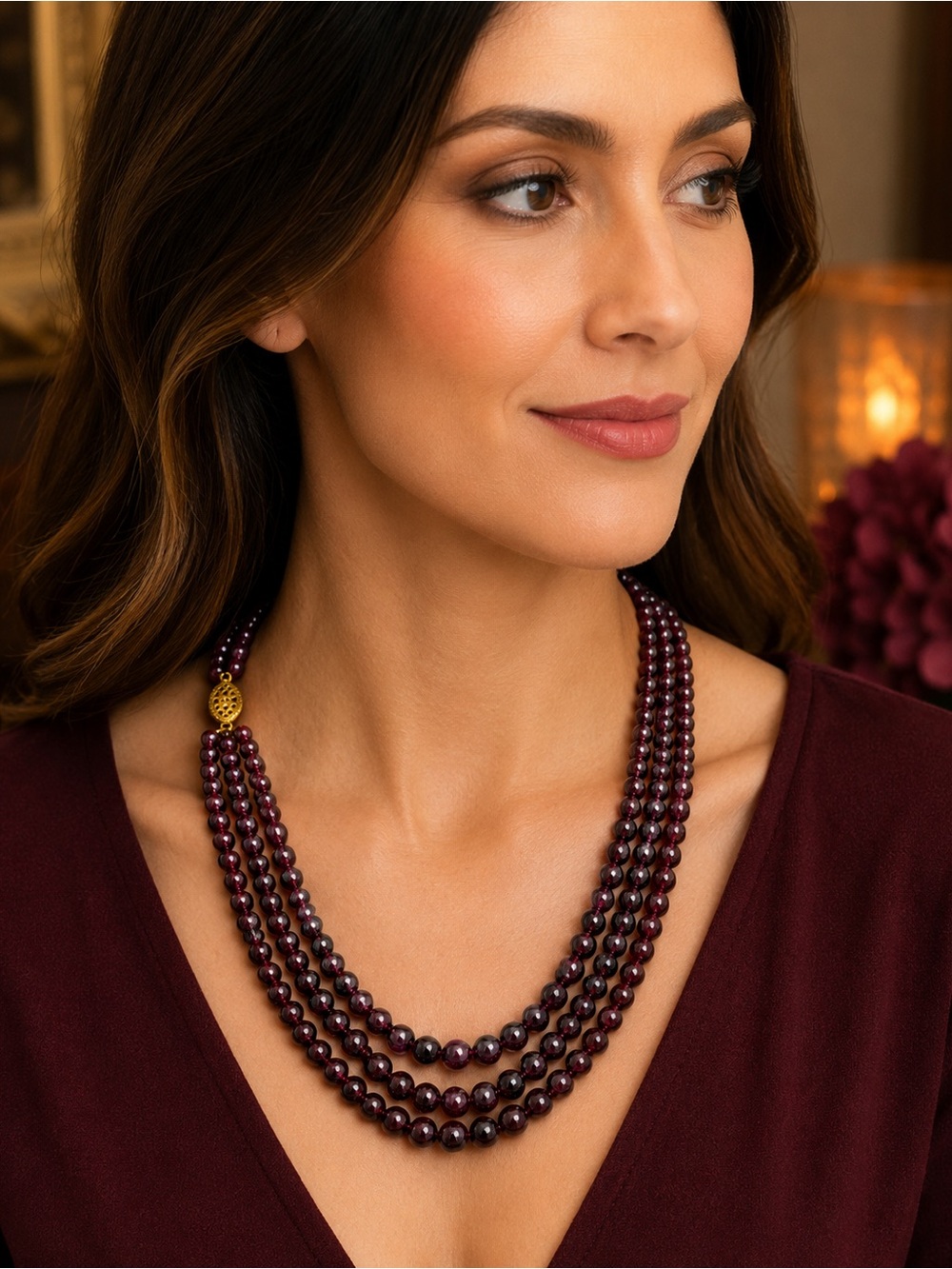 Vintage Triple Strand Genuine Garnet Necklace 16-18” 14K Gold Filled Clasp 46g